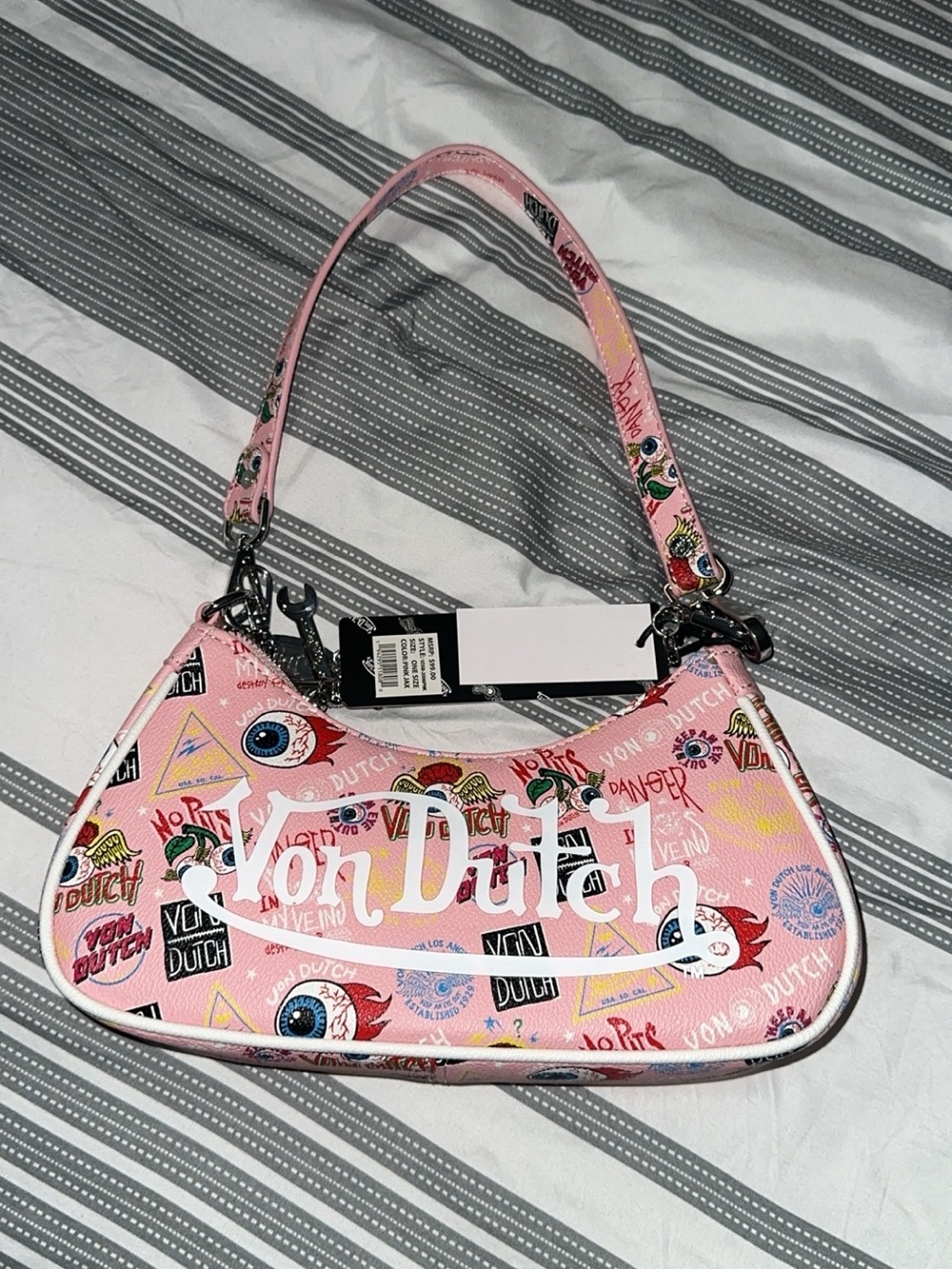 Von Dutch Pink All-Over Logo & Graphic Shoulder Bag